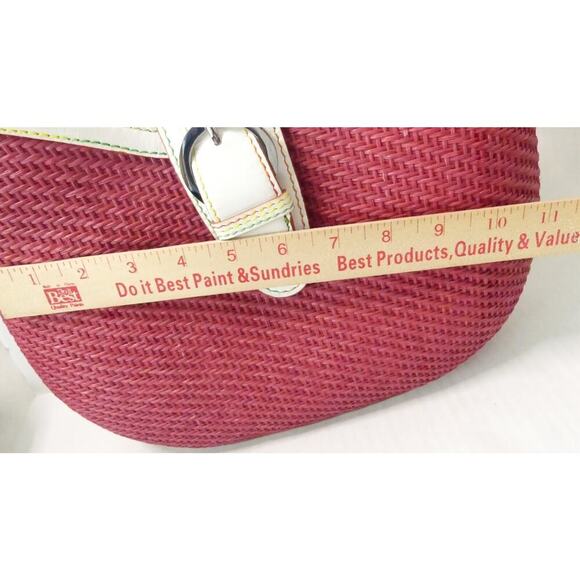 Pink Wicker Handbag Rattan White Leather Handle Buckle Elliott Lucca Colorful - Picture 9 of 13